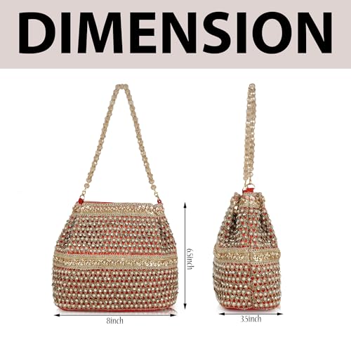 Image of Nevis Silk Fabric Premium Pearl & Crystal Embroidered Potli Bag for Women | Ethnic Bridal Clutch with Golden Handle | Party & Wedding