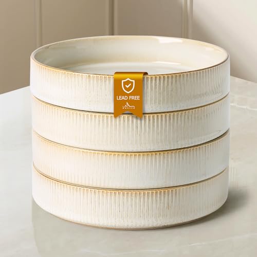 MONITO Ceramic Pasta Bowls Set of 4, 5.9In Salad Bowl Plates, Stackable Shallow Stoneware Serving Bowls Plates, dinner bowl for Cereal, Dessert, Microwave & Dishwasher Safe, Bonbon Beige