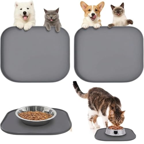 2 Tappetino Sottociotola in Silicone per Gatti e Cani 27cm Tappetino Ciotola per Cani Grigio Tappetino Sottociotola Gatto con Bordo Rialzato Tappetino in Silicone per Animali Rotondo Facile da Pulire
