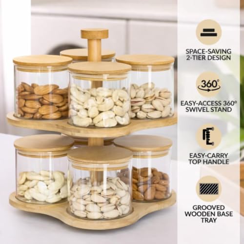 Image of Borosilicate Glass Storage Jar Set with 360 Rotating Bamboo Stand Set of 8, 350ml Airtight Glass Containers with Bamboo Lids, 2-Tier Dry Fruit Storage Organizer for Nuts, Snacks, Spices