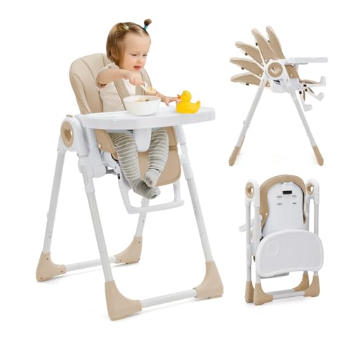 Image of Foldable High Chair for Babies and Toddlers, Adjustable Baby Highchair with 5 Recline Positions, Removable Double Tray, Space-Saving Design Portable Feeding Chair with 5-Point Harness