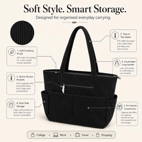 Image of Kawn Korean Tote Bag Aesthetic Corduroy Canvas Handbag for Women Zipper Casual Large Capacity Shoulder Bag with Pockets Versatile Everyday use for College Work Travel & Shopping
