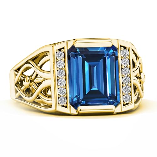 10K/14K/18K Real Gold 1-7CT Created Blue Sapphire Ring for Men Solid Gold Men's Signet Engagement Jewelry for Anniversary Birthday Men Him Father Size 4-16