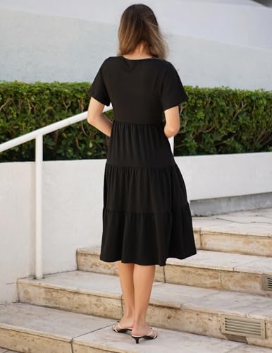 Image of Zeagoo Women's Summer Dress Midi Floral Flutter Short Sleeve Casual Dresses with Pockets Tiered Flowy Boho Beach Dress