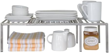 Seville Classics Iron Slat Expandable Kitchen Counter and Cabinet Shelf, Platinum
