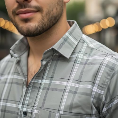 Image of Pack of 2 Men's Cotton Fabric Button-Down Full Sleeve Collar Neck Regular Fit Checked Print Shirt