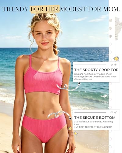 Image of Century Star Girls Ribbed 2-Piece Bikini Swimsuit - Fully Lined Modest Bathing Suit for Teens & Tweens