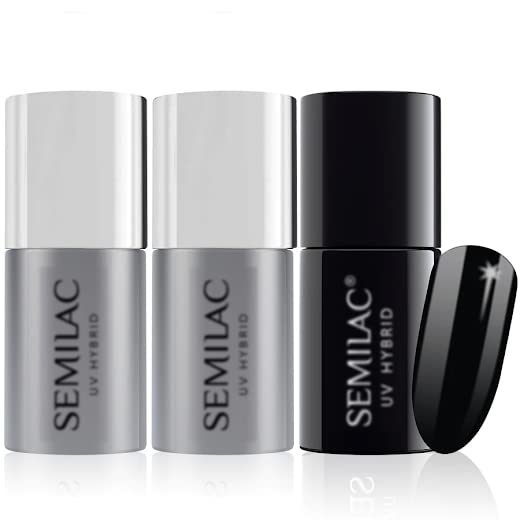 Semilac Base + Top + Esmalte de uñas de gel UV 031 Black Diamond de larga duración y fácil de aplicar, perfecto para usar en casa y para manicura y pedicura profesional