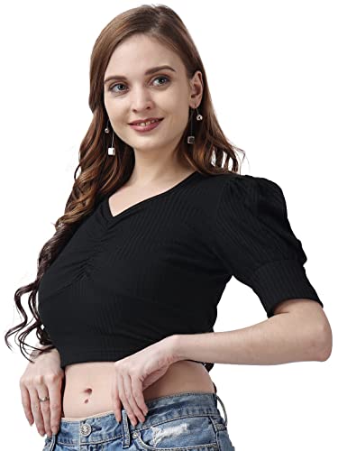 Image of POPWINGS Solid Ribbed Slim Fit Crop Tops for Women | Polycotton Stylish Western 3 /4 Puff Sleeves Casual and Summer Crop Tops for Women
