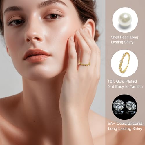 18K Gold Plated Pearl Rings for Women, Dainty Elegant Stackable Cubic Zirconia Thin Band, Promise Ring Wedding Band Jewelry Birthday Gifts for Women Size 5-102