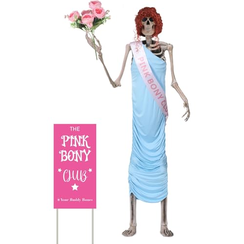 party greeting 5 Pcs 12 Ft Skeleton Costume Accessories Set Pink Bony Club 12 Foot Skeleton Outfits Including Skirt Stole Wig Flowers Signage for Halloween Outdoor Garden Lawn Party Decorations