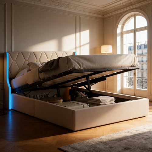 Lit Coffre 160x200 avec Éclairage LED Smart Control, Lit Adulte 2 Places en Velours Beige avec Sommier à Lattes, Design Moderne avec Grand Espace de...