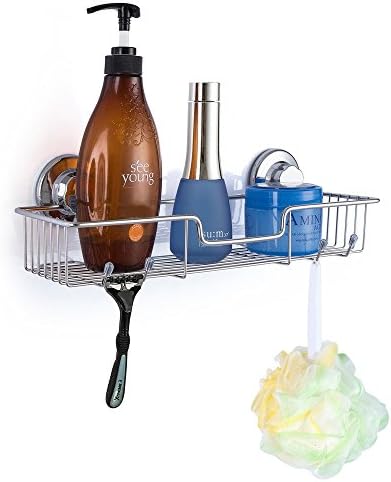 SANNO Suction Cup Shower Caddy Shelf with Storage Organizer Hooks, No Damage Super Power Suction Cup, Rustproof Wire Basket Rack for Kitchen & Bathroom Accessories - Stainless Steel, Pack of 1