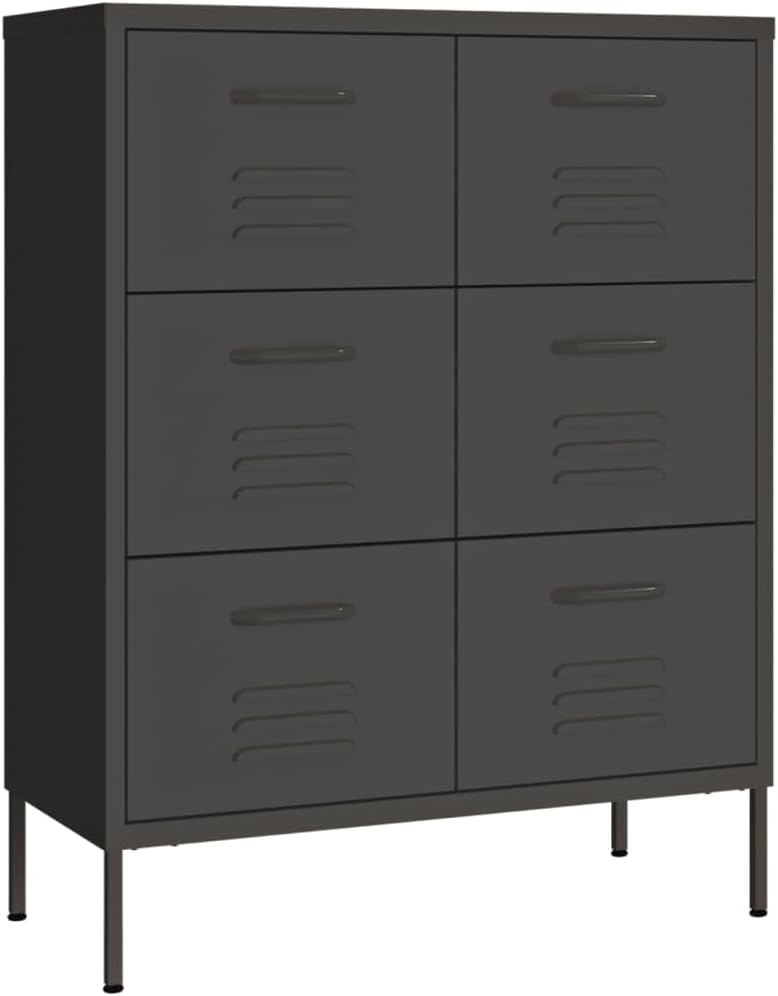 Modern Anthracite Steel Sideboard Cabinet with Six Drawers for Living Room Storage and Display, Ball Bearing Slides, Adjustable Feet, Minimalist Design, Durable Construction,