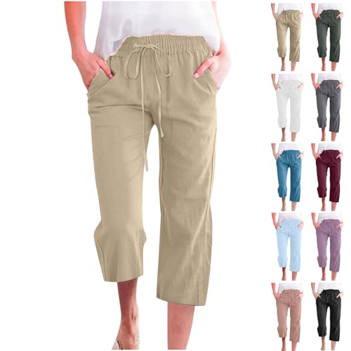 Capri Pants for Women Casual Summer Cotton Linen Capris Drawstring Elastic High Waist Pants Wide Leg Cropped Trouser 2025 New