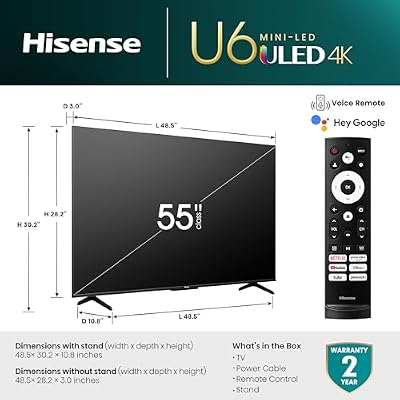 Hisense 55-Inch Class U6 Series Mini-LED ULED 4K UHD Google Smart TV (55U6K) - QLED, Full Array Local Dimming, Dolby Vision IQ,HDR 10+, VRR Game Mode Plus, 240 Motion Rate, Alexa Compatibility
