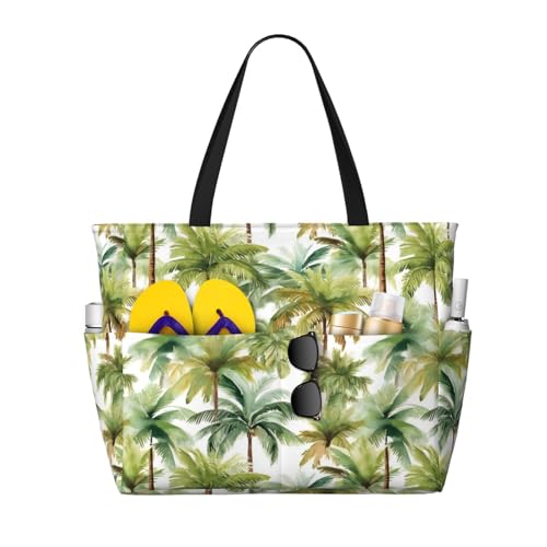 Green Coconut Tree Large Beach Bag Waterproof Sandproof Swim Tote Pool Bag For Women With Zipper