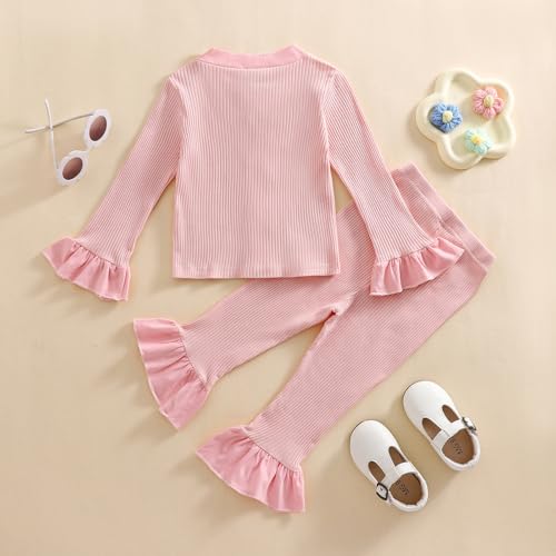 Toddler Baby Girl Clothes Ribbed Knit V-Neck Long Sleeve Tops Flare Pants Infant 2Pcs Fall Outfits Set4