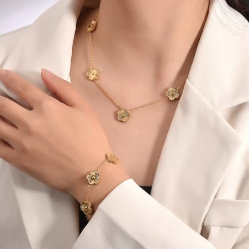 Lucky Clover Necklace Jewelry Sets,18K Gold Plated Flower Design Five Leaf Bracelet,Clover Necklace Pendant,Clover Earrings for Women Lucky, 4 Leaf Clover Necklace2