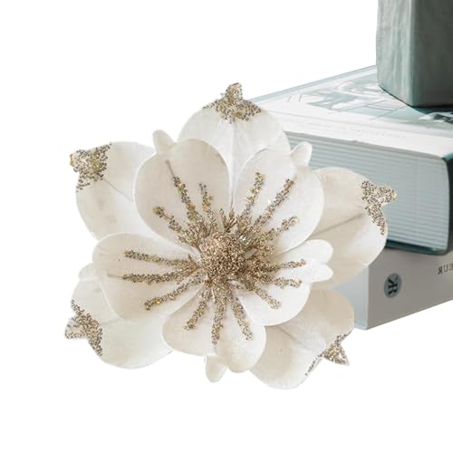 Acunny Flores de Magnolia de Navidad,Flores artificiales de Magnolia de Navidad, Adorno de Navidad Flores artificiales con lentejuelas, flores falsas de Magnolia con lentejuelas para decoración de