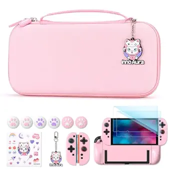 innoAura Switch 2 Case 14-in-1 Bundle for NS Switch 2 (2025), with Carrying Case, Protective Cover, Thumb Grips, Screen Protector, Cute Pendant and Sticker, Pink