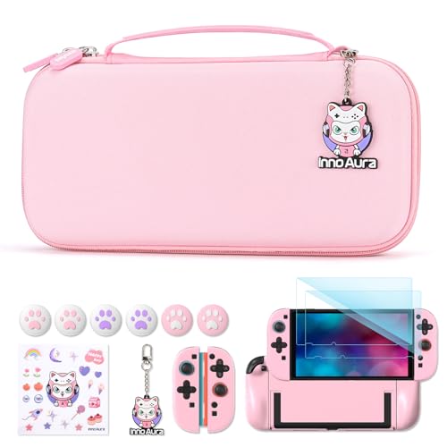 Image of innoAura Switch 2 Case 14-in-1 Bundle for NS Switch 2 (2025), with Carrying Case, Protective Cover, Thumb Grips, Screen Protector, Cute Pendant and Sticker, Pink