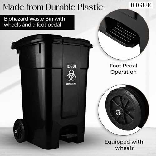 Image of 60 Liter Heavy Duty Wheel Pedal Dustbin, Biohazard Design, Black, Plastic, Cylindrical, Glossy Finish,(BLACK)