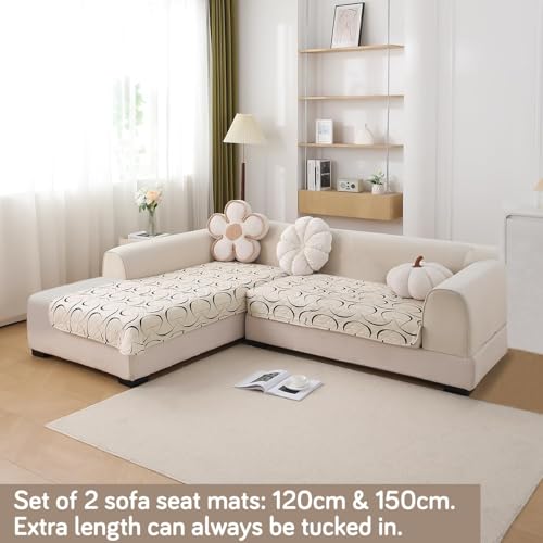 Image of HOKIPO 'Elira Series' Printed Water Repellent + Waterproof Quick Dry L Shape (2+2 Seater) Sofa Seat Cover Mat, Natural Beige Abstract Art (NEW-AR-5245-C4 + NEW-AR-5246-C4)