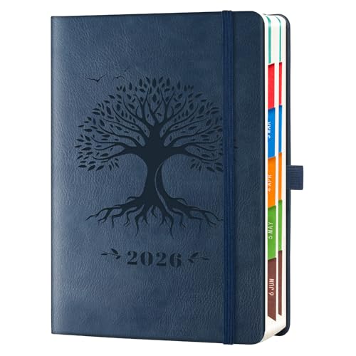 Smarpau A5 Diary 2026 Day per Page, Jan.25 - Dec.25, Daily Planner with Colorful Monthly View, Pen Set&Elastic Closure, Hardcover A5 Diary (5.9" × 8.5"), Deep Blue