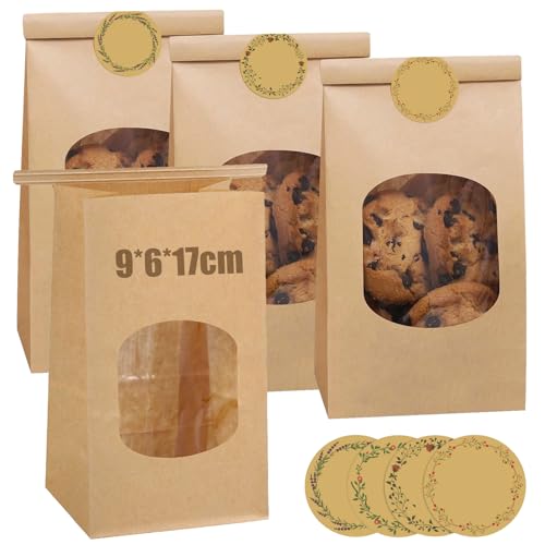 50pcs Kleine Kekstüten Keksbeutel mit Fenster, 9 * 6.5 * 17cm Papiertüten Braun mit Verschlussclips, Kraftpapier Tüten, Backbeutel, kleine Brottüte, Brottüten Papier Gebäck,Süßigkeiten Geschenktüte