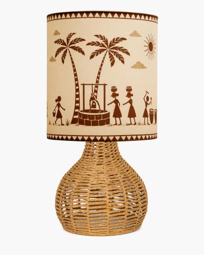 Image of Homesake Handwoven Rattan Table Lamp with Warli Art Printed Fabric Shade, Decorative Raffia Spinning Bedside Lamp, Boho Table Lamp with E27 Holder, Living Room & Bedroom Decor
