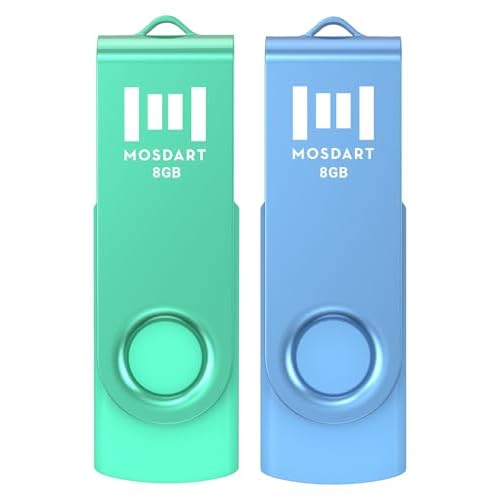 MOSDART 8GB USB2.0 Flash Drive, with Keychain Loop, Swivel Design with LED Light, FAT32 Memory Stick for Computers, System Backup, Data Storage, Green and Blue (Pack of 2)