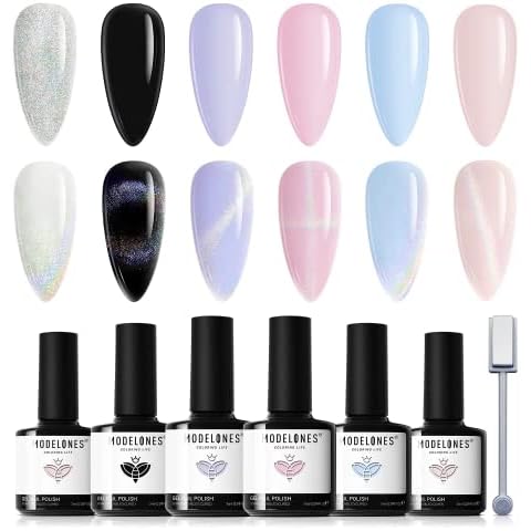 Modelones UV Nagellack Pastell Blau Cat Eye Gel Magnetisch Set 6 Farben Magnet Nagellack Auroras Schimmern Perle Gellack Shellac Doppelte Wirkung fur Muttertag Nageldesign Cover