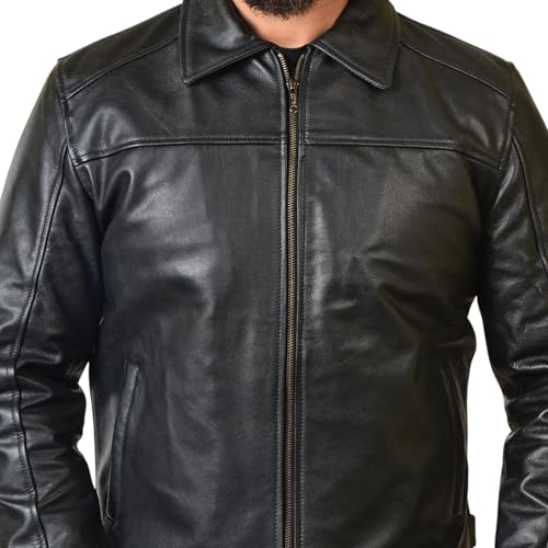 Image of Body Guard Men's Genuine Leather Jacket - Black Motorcycle Riding Jacket with Front Zipper, Shirt Collar & Two Pockets | Stylish Winter Wear for Bikers & Casual Outfits