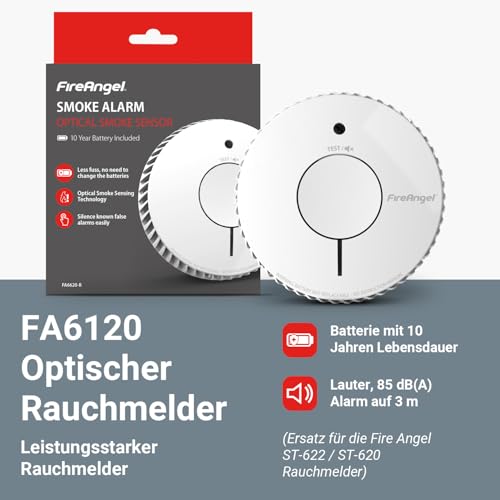 Fire Angel Optischer Rauchmelder - Q-Label - Rauchmelder mit 10 Jahre Batterie für Ihr Heim mit Test-/Stummschaltungstaste - Ersatz für Fire Angel ST-622/ST-620 - Feuermelder mit Frühwarnsystem - Weiß