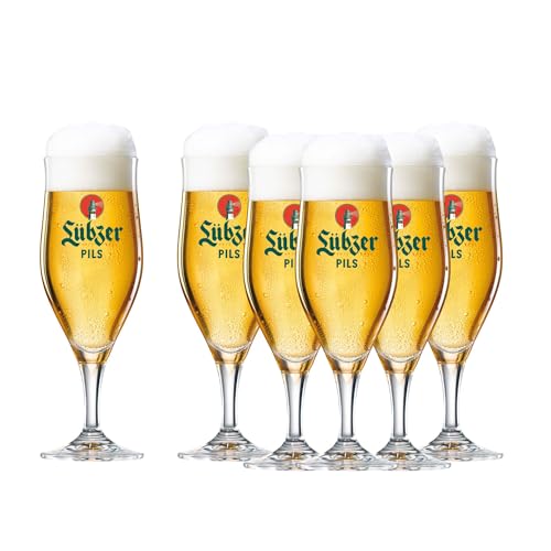 Lübzer Pils Original Biergläser (6 Stück) Pokale, Tulpen, für den entspannten Genuss (0,3 Liter)