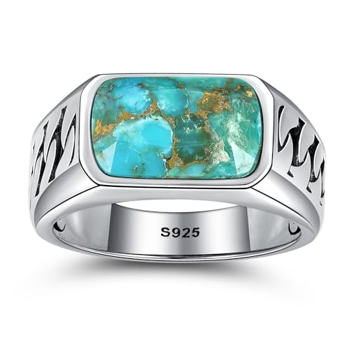 5ct 925 Sterling Silver Mens Cuban Link Ring Handmade Ring Rectangle-Cut Mens Teal Turquoise/Synthetic Black Onyx Rings Anillos de Hombre for Birthday Jewelry Gift Band Width 4.8mm Size 8-123