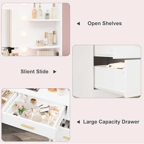 61" Make Up Vanity Desk with Mirror and Lights, White Vanity with 8 Wide Storage Drawers & 2 Tier Shelves, 3 Lighting Modes with Adjustable Brightness for Bedroom
