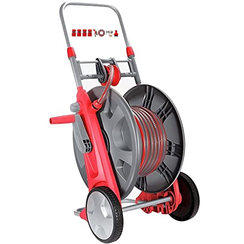 Carrete portamangueras para jardín, Resistente, para Exteriores, portátil, con Rodillos, Soporte retráctil y Pistola de Agua (Gris, Rojo + Tubo de 40 m)