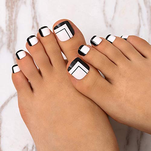 Woeoe Glossy Fashion Fake Toenails Geometric Black White Short Press on Toenails Full Cover Artificial False Toe Nails for Women and Girls (24Pcs)