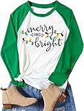 Christmas Tshirt Women Merry and Bright Shirt Letters Print Splicing 3/4 Sleeve Baseball Tshirt Blouse Tee Tops (Green, XX-Large)