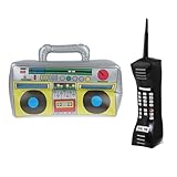[Nouveau design d'accessoires] Look plus réaliste, le téléphone portable gonflable des décorations de fête des années 90 est imprimé avec des touches numériques et une antenne, et la radio gonflable est imprimée en argent avec un look boom box coloré.