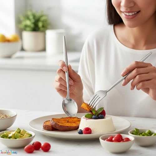 Image of Slim Handle Silver 24 Pcs Stainless Steel Cutlery Set for Dining Table, Dishwasher Safe Glossy Flatware (6 Spoon Set + 6 Forks Set + 6 Butter Knife + 6 Dessert Spoon)