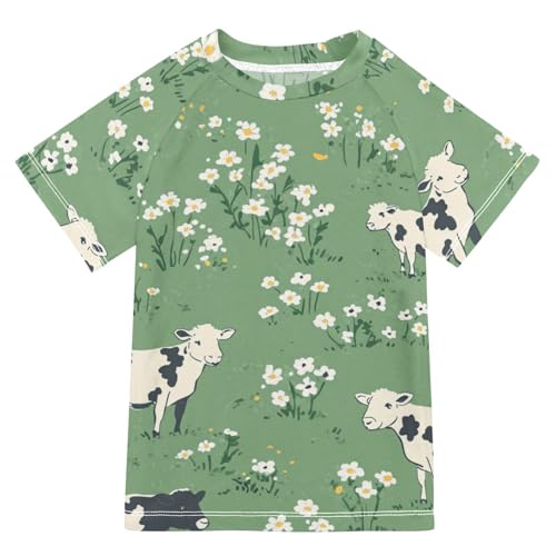 Boys Short Sleeve T-Shirts Cow Flower Farm Cartoon Rashguard Kids Swim Shirts Sun UPF 50+