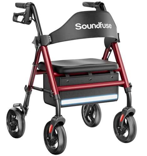 Soundfuse Rollator Walkers with Seat for Seniors, Foldable 8" Big Wheels All Terrain Rolling Walker, Handles and Ergonomic Seat Height Adjustable, 350lb Weight Capacity