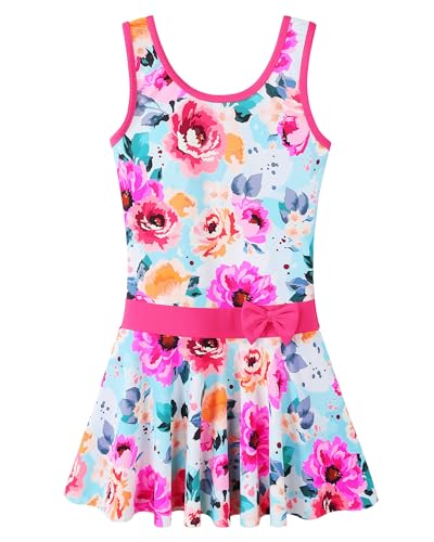Image of Girls Swimsuit One Piece UPF 50+ Floral Skirted Bathing Suit Modest Beach Swim Dress 3-11 Years