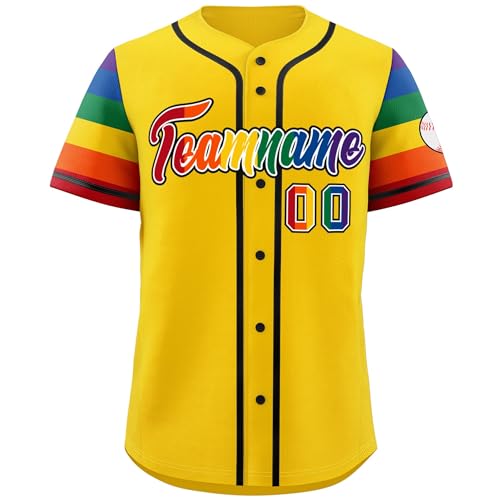 Rainbow Pride Baseball Jersey, Custom Button Down Sports with Name Number Uniform, Rainbow Striped Sleeves (Yellow&Black)