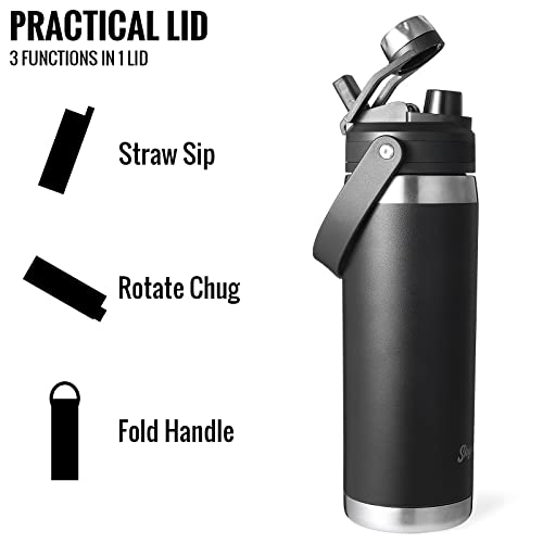 Skywell 24Oz Stainless Steel Water Bottle With 3 In 1 Lid, Bpa-Free Leak-Proof Wide Mouth Vacuum-Insulated Water Flask With Straw And Handle Sweat-Proof For Outdoor And Travel, Black #TOP1