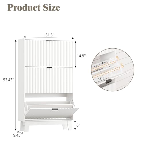 Image of Shoe Cabinet Storage for Entryway with 3 Flip Drawers, Fluted Narrow Shoe Organizer with Wooden Legs, Freestanding Slim Shoe Storage Hidden Shoe Rack Organizer for Front Door Entrance, Hallway, White