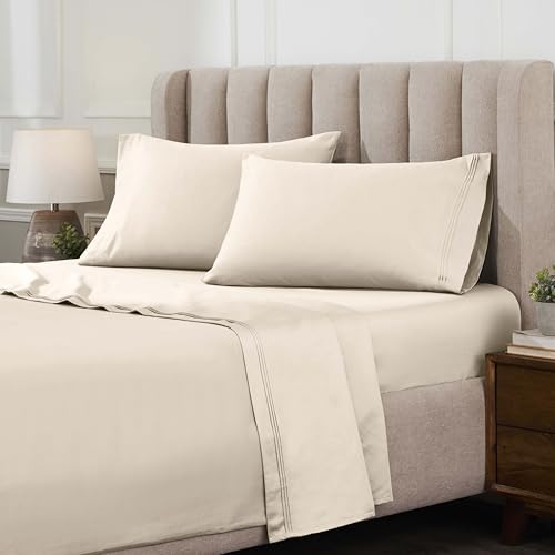 Superior Egyptian Cotton 4 Piece Sheet Set, Luxury 1500 Thread Count, Modern Design, Sustainable Sheets, Ultra-Soft Basics, Solid, Deep Pocket Fitted Sheet, Flat Sheet, Pillowcases, Full, Ivory